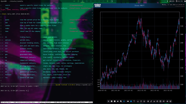 OpenBB terminal con un gráfico de velas del valor MSFT
